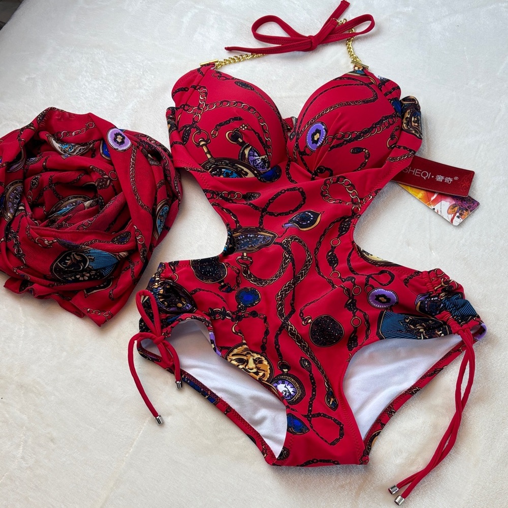 NWT Stylish Red Cut-Out One Piece Swimsuit w/ Scarf - Sexy! Size Large